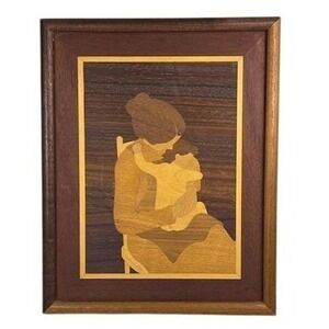 Vintage 1980'S Wood Inlay Marquetry Hand Crafted Art Mother Child Framed Wood